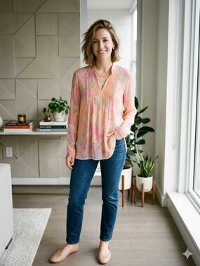 Ralph Lauren Pink Paisley Pintuck V-Neck Tunic